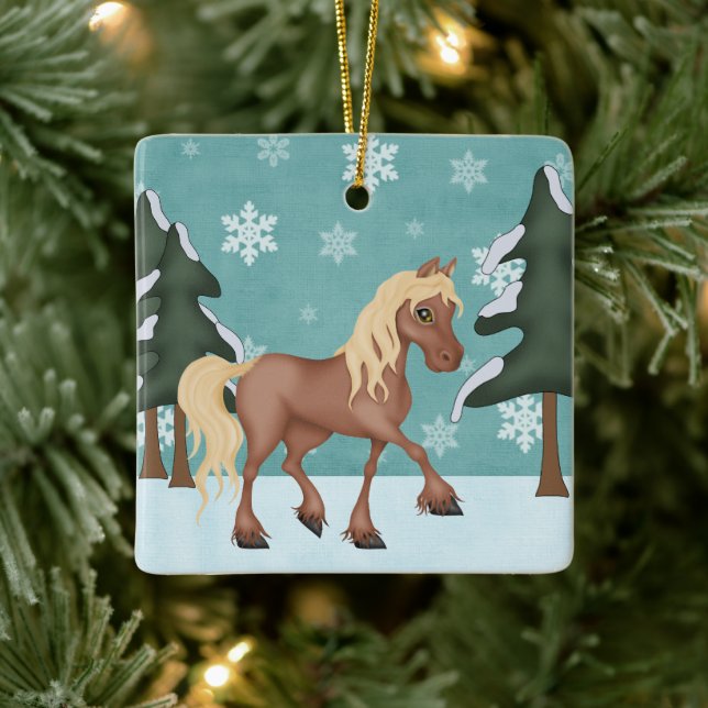 Personalised Cute Brown Horse Snowy Christmas Ceramic Ornament (Tree)