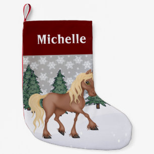 Personalised Cute Brown Horse Winter Scene Small Christmas Stocking