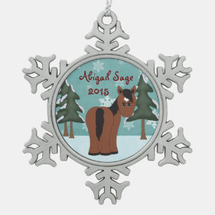 Personalised Cute Brown Horse with Heart Star Snowflake Pewter Christmas Ornament