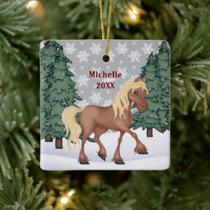 Personalised Cute Brown Winter Horse Christmas Ceramic Ornament