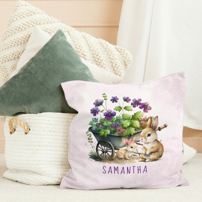 Personalised Cute Bunnies Girl Easter Cushion (Personalized Cute Bunnies Girl Easter Throw Pillow)