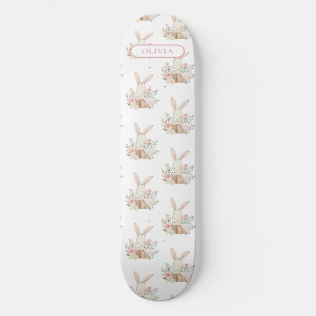 Personalised Cute Bunny Rabbit Floral Skateboard (Front)