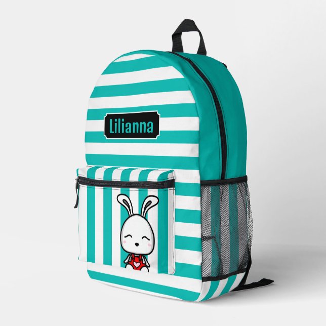 Personalised Cute Bunny Turquoise Stripped Printed Backpack (Back Corner Right)