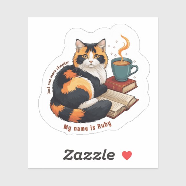 Personalised Cute Calico Cat Reading Vinyl Sticker (Sheet)