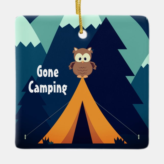 Personalised Cute Camping ~Tent and Owl Christmas Ceramic Ornament (Front)
