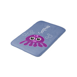 Personalised Cute Cartoon Purple Octopus Blue Bath Mat