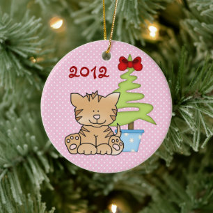 Personalised Cute Cat and Christmas Tree on Pink Ceramic Tree Decoration