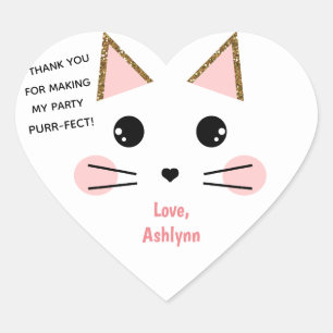 Personalised Cute Cat Birthday Favour Heart Sticker