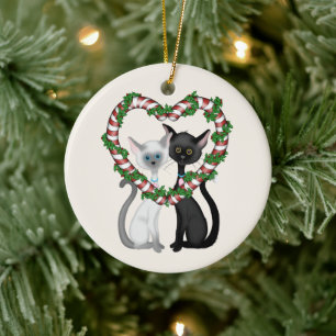 Personalised Cute Cat Couple and Candy Cane Wreath Ceramic Tree Decoration