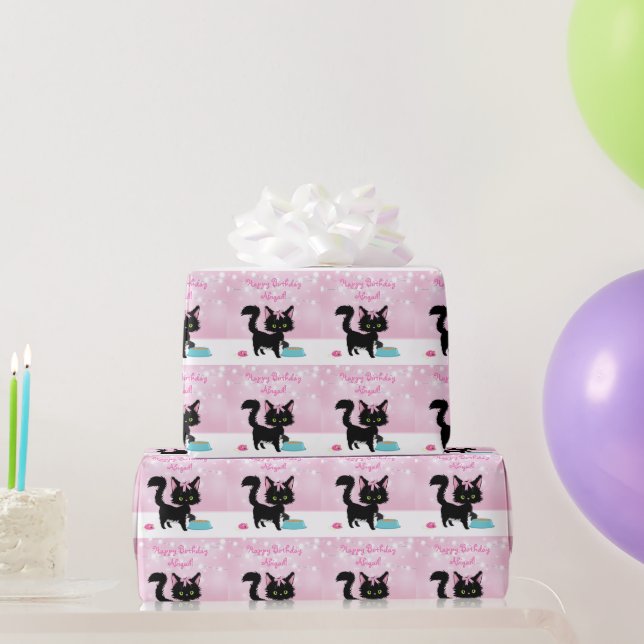Personalised Cute Cat Pink and White Girl Birthday Wrapping Paper (Party Gifts)