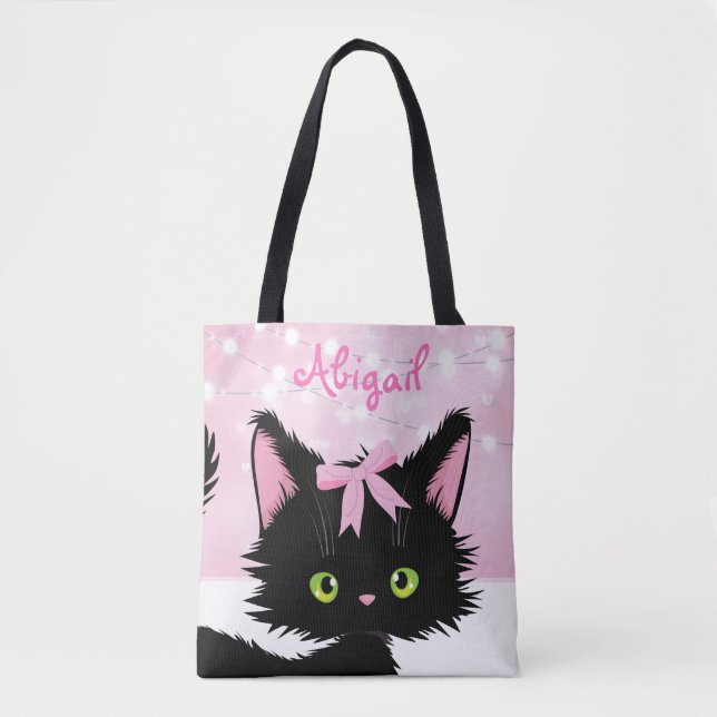 Personalised Cute Cat Pink and White Kitten Tote Bag (Front)