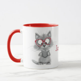 Personalised Cute Cat Reading Mug with Red Handle