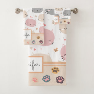 Personalised Cute Cat Seamless Pattern Kids Bath Towel Set
