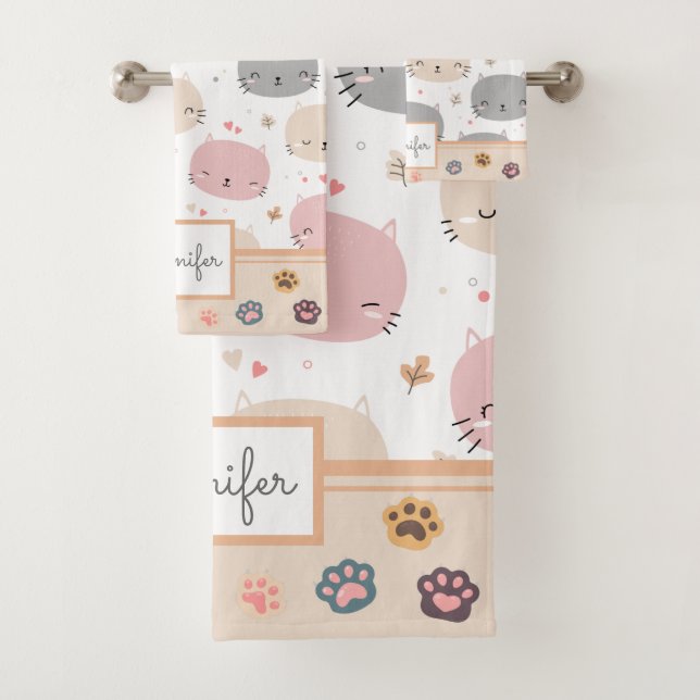 Personalised Cute Cat Seamless Pattern Kids Bath Towel Set (Insitu)
