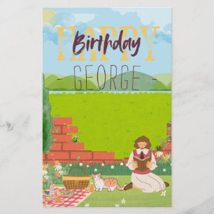 Personalised Cute Cat-tage Picnic Birthday Wishes Stationery