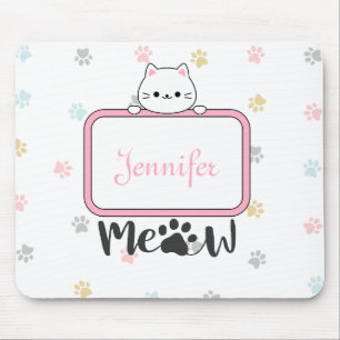 Personalised Cute Cat with Name and Paw Prints Mouse Mat