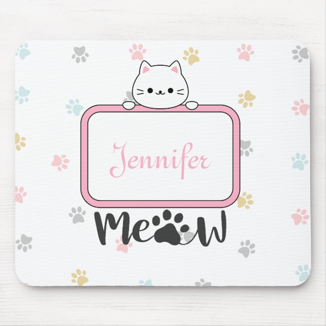 Personalised Cute Cat with Name and Paw Prints Mouse Mat (Front)