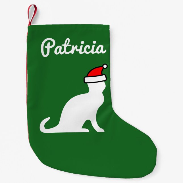 Personalised cute cat with Santa hat red and green Small Christmas Stocking (Front)
