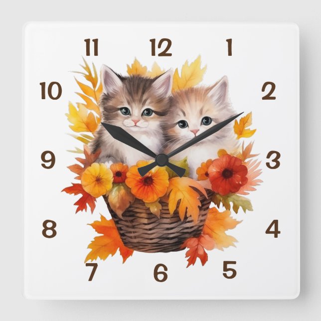 Personalised Cute Cats in Basket Square Wall Clock (Front)