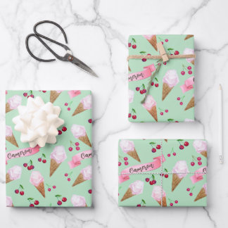 Personalised Cute Cherry Ice Cream Cool Mint Green Wrapping Paper Sheet