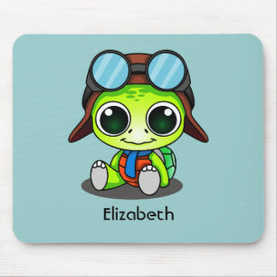 Personalised Cute Chibi Turtle in Aviator Hat Mouse Mat