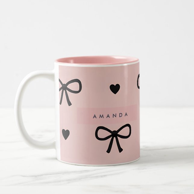 Personalised Cute Chic Pink Bow & Heart Pattern Two-Tone Coffee Mug (Left)