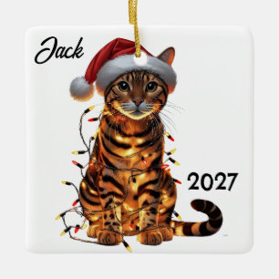 Personalised Cute Christmas Bengal Cat Ceramic Ornament