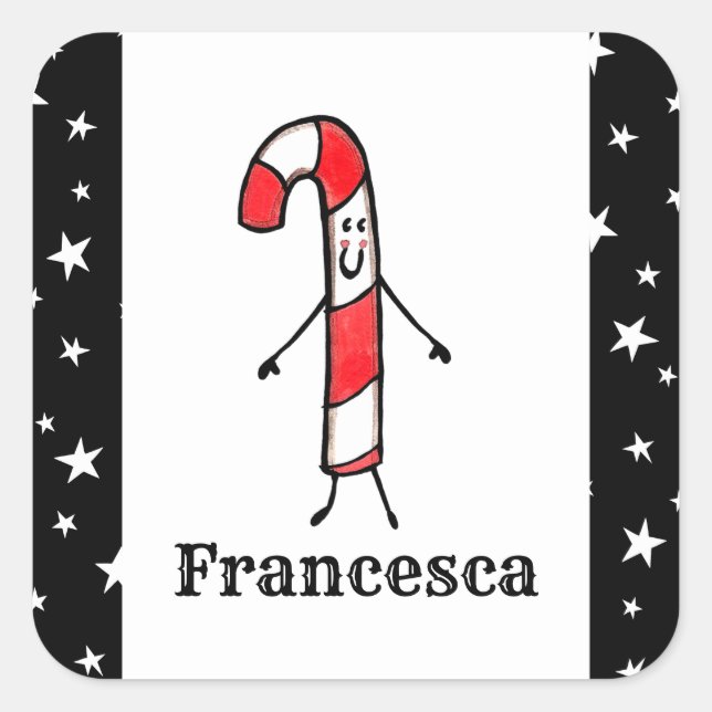 Personalised Cute Christmas Candy Cane Square Stic Sticker (Front)