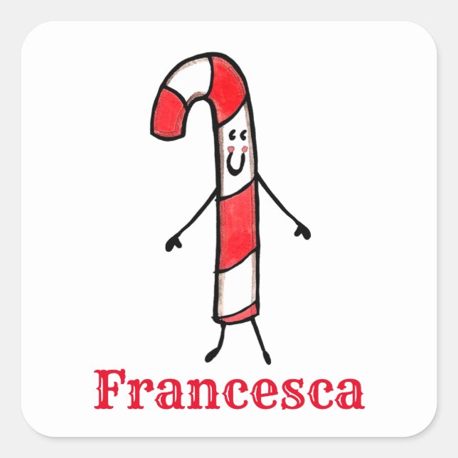 Personalised Cute Christmas Candy Cane Square Sticker (Front)