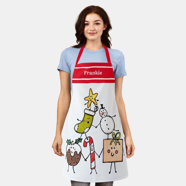 Personalised Cute Christmas Characters Apron (Worn)