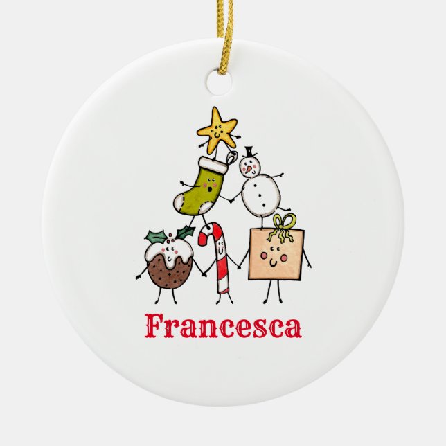 Personalised Cute Christmas Characters Ceramic Tree Decoration (Front)