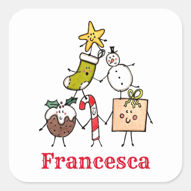 Personalised Cute Christmas Characters Square Sticker (Front)