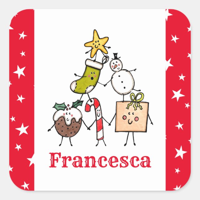 Personalised Cute Christmas Characters Square Sticker (Front)