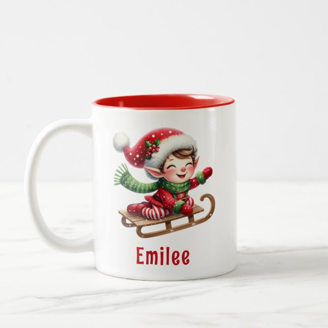 Personalised Cute Christmas Elf Two-Tone Coffee Mug (Left)