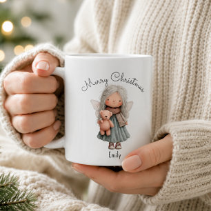 Personalised Cute Christmas Fairy Girl and Teddy   Coffee Mug