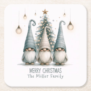 Personalised Cute Christmas Gnome Family Holiday Square Paper Coaster