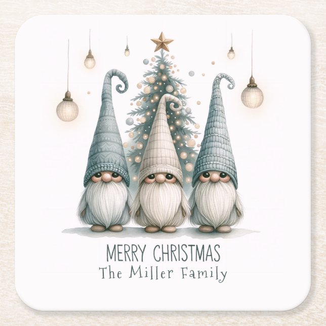 Personalised Cute Christmas Gnome Family Holiday Square Paper Coaster (Front)