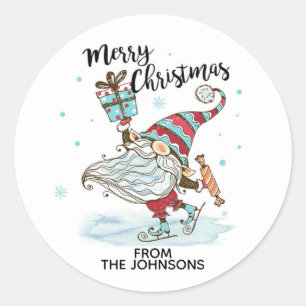 Personalised Cute Christmas Gnome Ice Skating Classic Round Sticker
