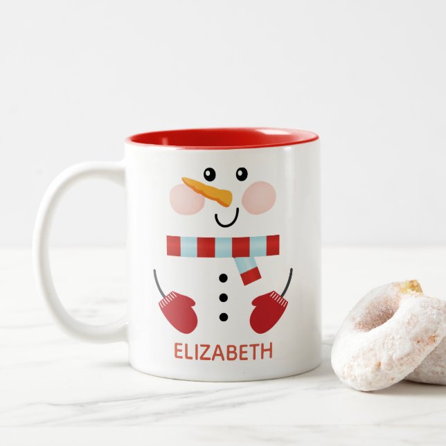 Personalised Cute Christmas Holiday Snowman Two-To Two-Tone Coffee Mug (With Donut)