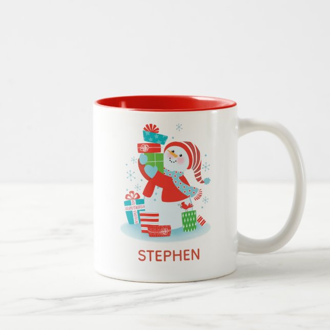Personalised Cute Christmas Holiday Snowman Two-Tone Coffee Mug (Right)