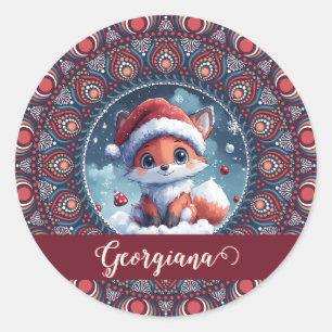 Personalised Cute Christmas Kawaii Fox Dot Mandala Classic Round Sticker