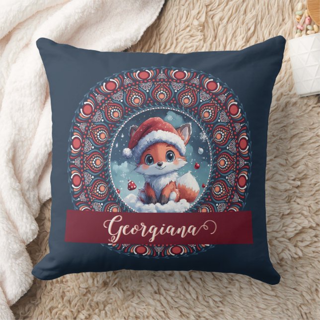 Personalised Cute Christmas Kawaii Fox Dot Mandala Cushion (Blanket)