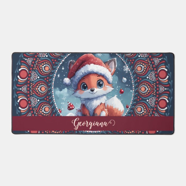 Personalised Cute Christmas Kawaii Fox Dot Mandala Desk Mat (Front)