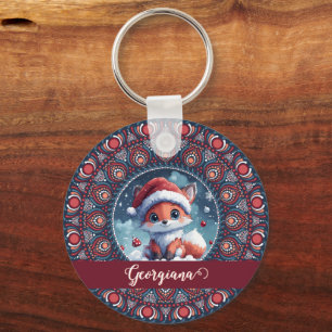 Personalised Cute Christmas Kawaii Fox Dot Mandala Key Ring