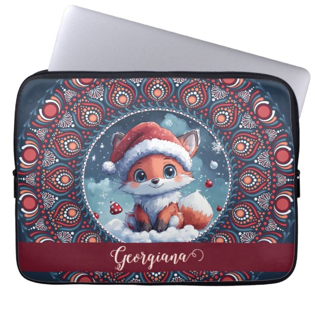 Personalised Cute Christmas Kawaii Fox Dot Mandala Laptop Sleeve (Front)