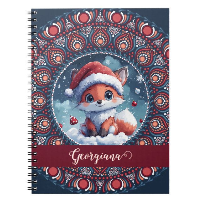 Personalised Cute Christmas Kawaii Fox Dot Mandala Notebook (Front)