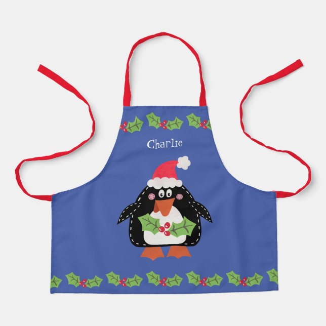 Personalised Cute Christmas Penguin Apron (Front)