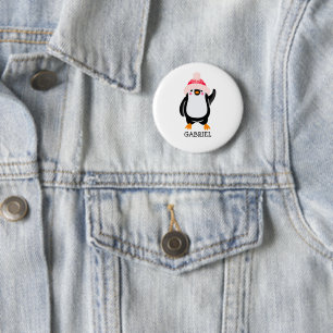 Personalised Cute Christmas Penguin in Red Hat 6 Cm Round Badge