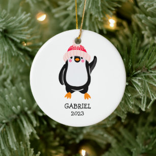 Personalised Cute Christmas Penguin in Red Hat  Ceramic Tree Decoration