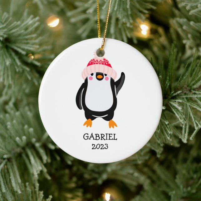 Personalised Cute Christmas Penguin in Red Hat  Ceramic Tree Decoration (Tree)